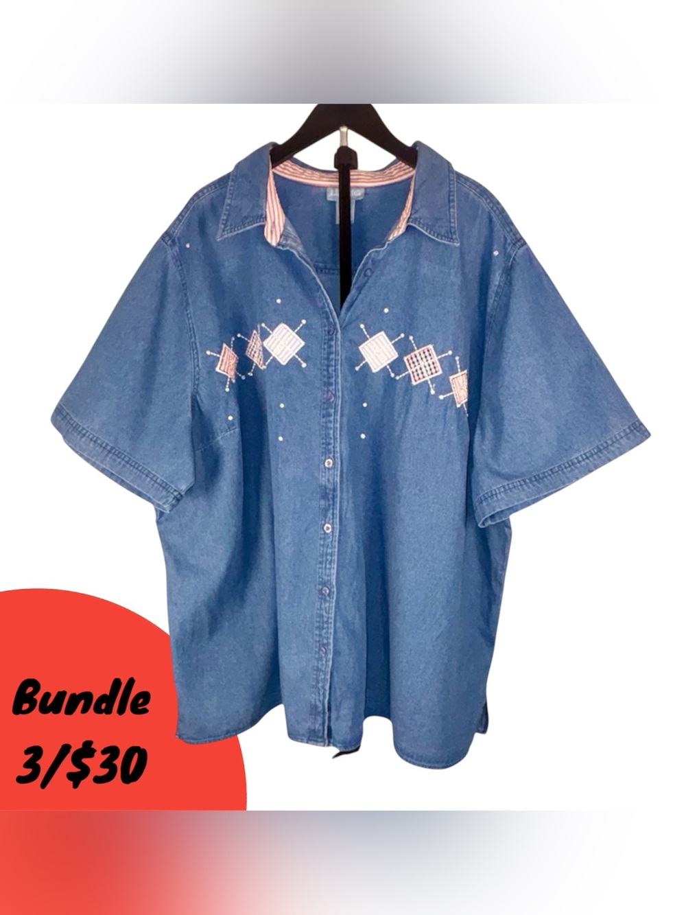 Liz & Me Denim Button-Down Shirt Red White Blue Embroidery Country Western